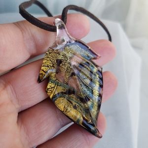 Italian Murano Glass Gold Leaf Pendant Choker Necklace on Brown Suede
